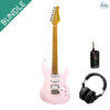Soloking MS-1 Custom HSS Satin Pink with NUX MP-2 and Hibilly Mixman 1987 Headphone